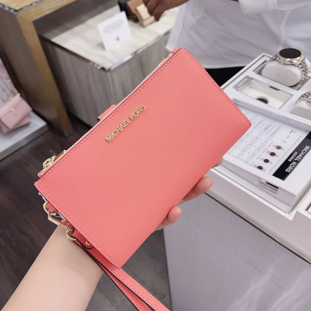 MK Double Zip Phone Wristlet  Grapefruit Pink